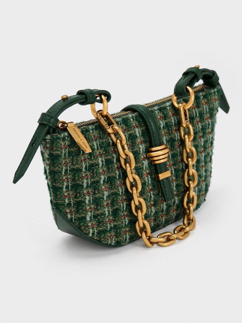 Charles And Keith Trudy Tweed Belted Geometric Shoulder Bags Dark Green | PHILIPPINES D913