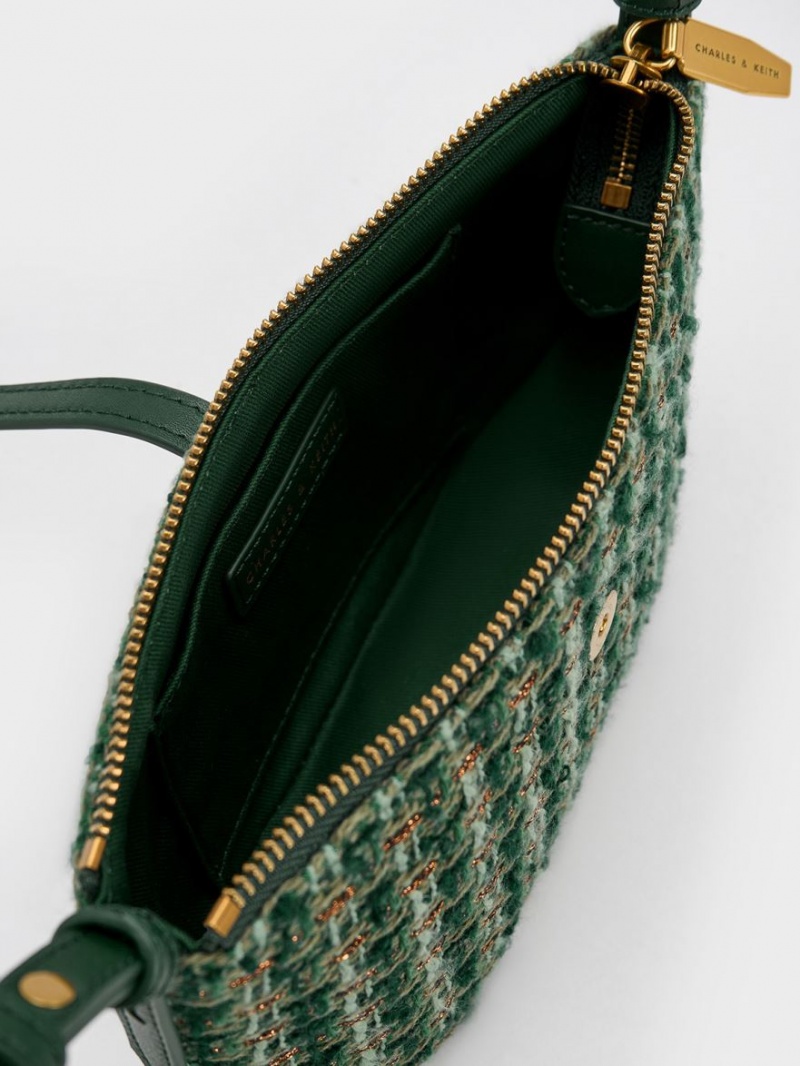 Charles And Keith Trudy Tweed Belted Geometric Shoulder Bags Dark Green | PHILIPPINES D913