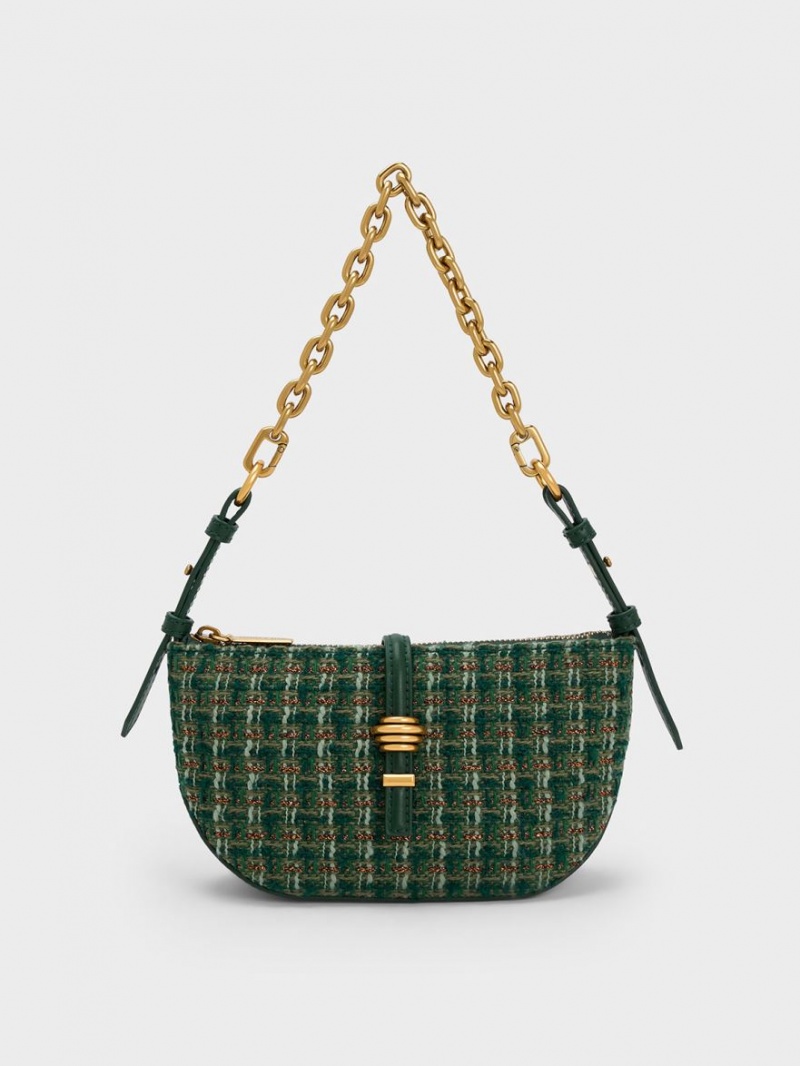 Charles And Keith Trudy Tweed Belted Geometric Shoulder Bags Dark Green | PHILIPPINES D913