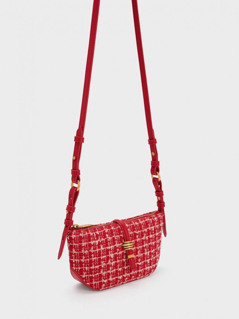 Charles And Keith Trudy Tweed Belted Geometric Shoulder Bags Red | PHILIPPINES U765