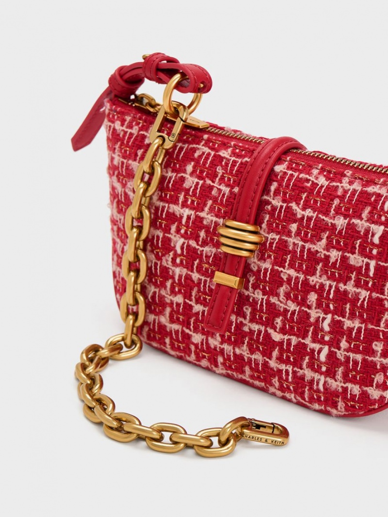 Charles And Keith Trudy Tweed Belted Geometric Shoulder Bags Red | PHILIPPINES U765