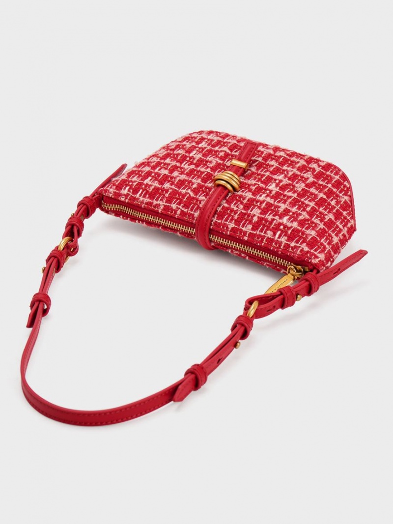 Charles And Keith Trudy Tweed Belted Geometric Shoulder Bags Red | PHILIPPINES U765