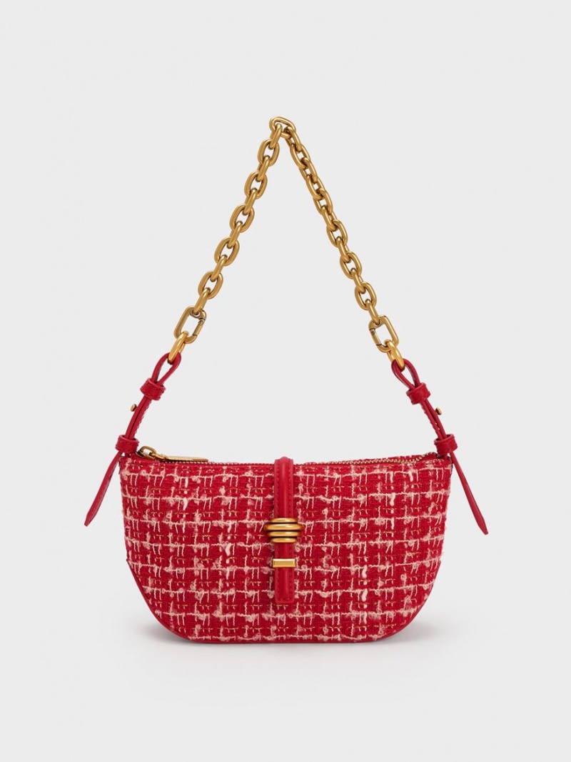 Charles And Keith Trudy Tweed Belted Geometric Shoulder Bags Red | PHILIPPINES U765