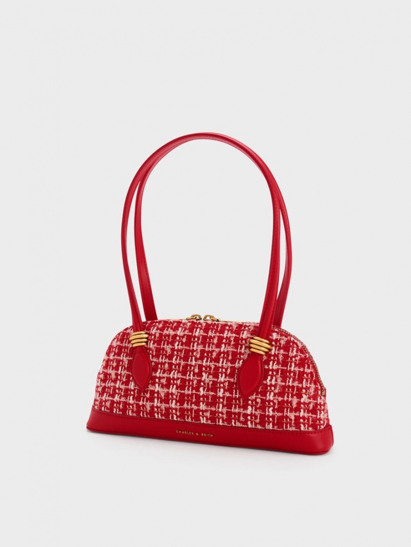 Charles And Keith Trudy Tweed Elongated Handle Shoulder Bags Red | PHILIPPINES Y032