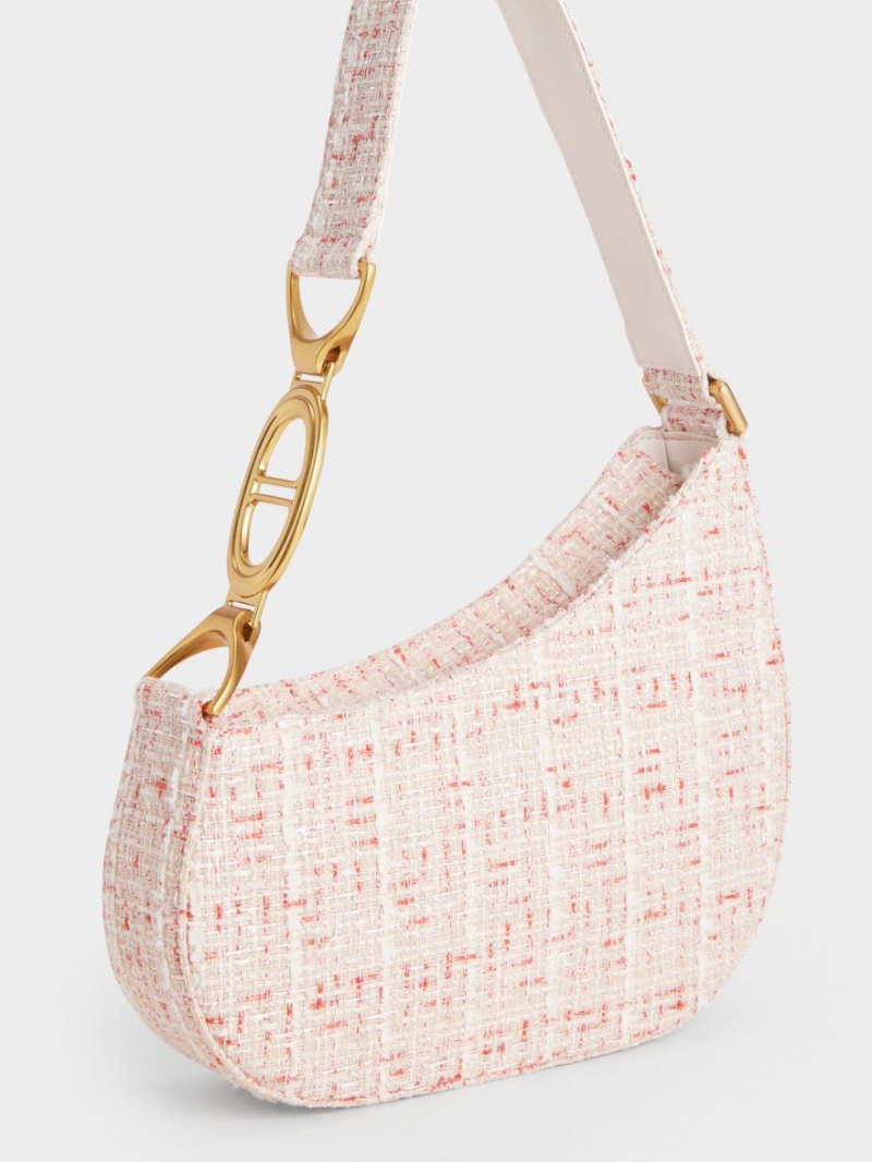 Charles And Keith Tweed Asymmetrical Shoulder Bags Cream | PHILIPPINES O413