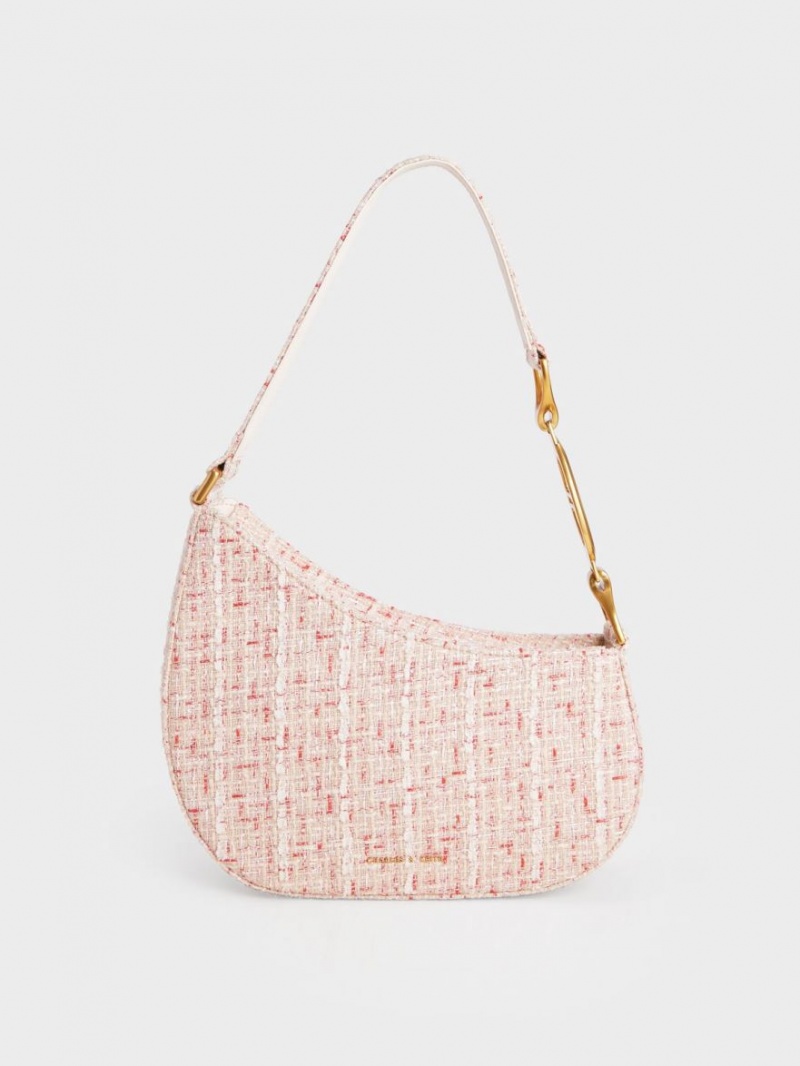 Charles And Keith Tweed Asymmetrical Shoulder Bags Cream | PHILIPPINES O413