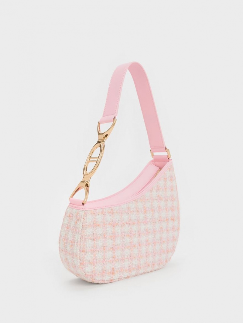 Charles And Keith Tweed Asymmetrical Shoulder Bags Pink | PHILIPPINES J687