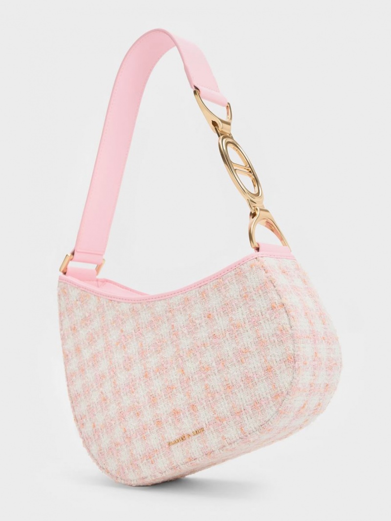 Charles And Keith Tweed Asymmetrical Shoulder Bags Pink | PHILIPPINES J687