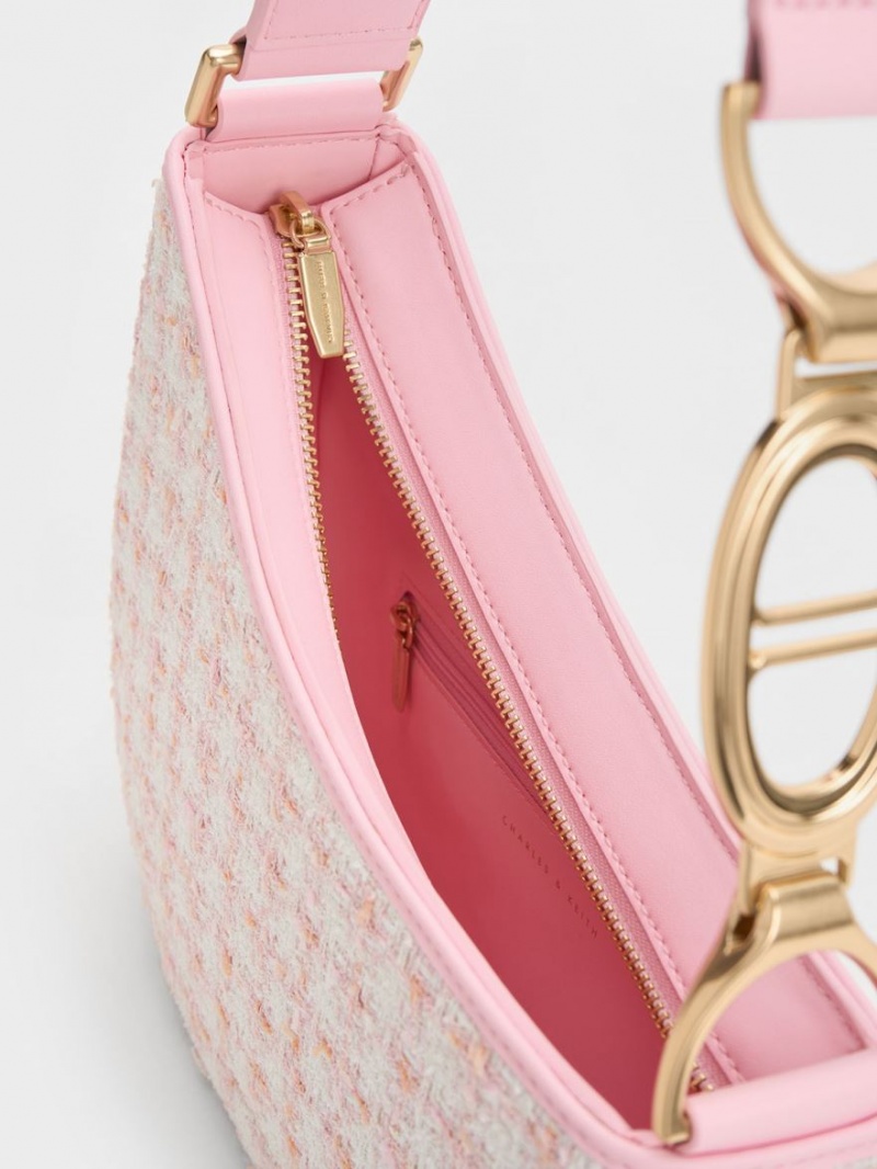 Charles And Keith Tweed Asymmetrical Shoulder Bags Pink | PHILIPPINES J687