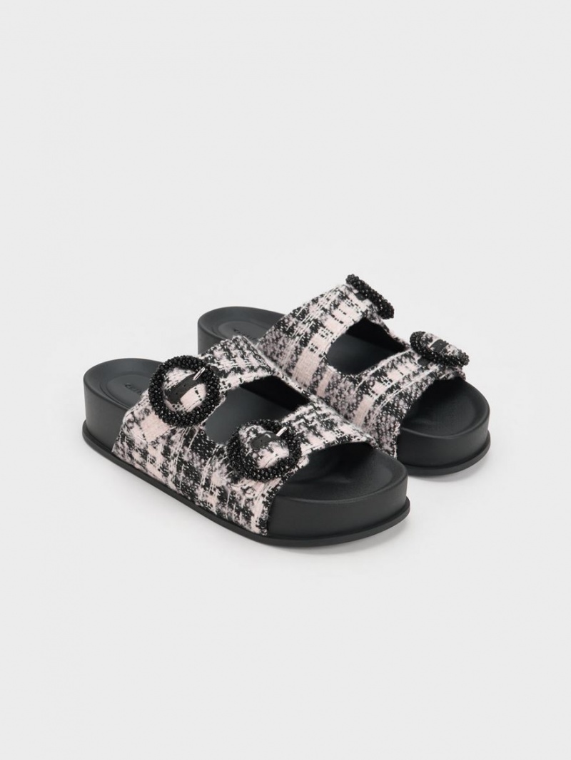 Charles And Keith Tweed Beaded Circle Slide Sandals Black | PHILIPPINES X950