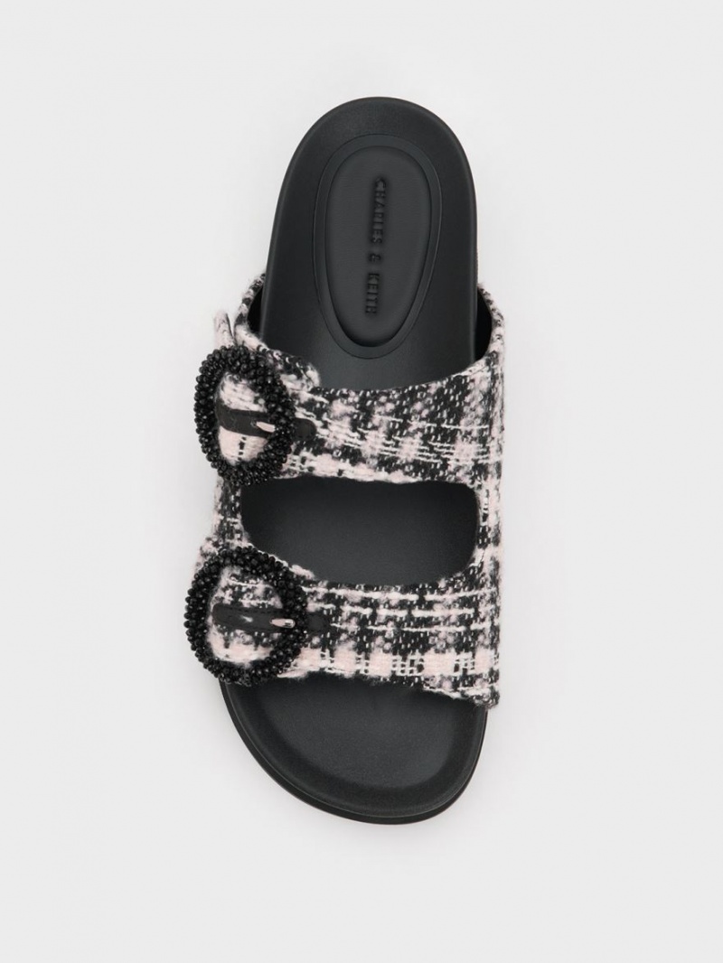 Charles And Keith Tweed Beaded Circle Slide Sandals Black | PHILIPPINES X950