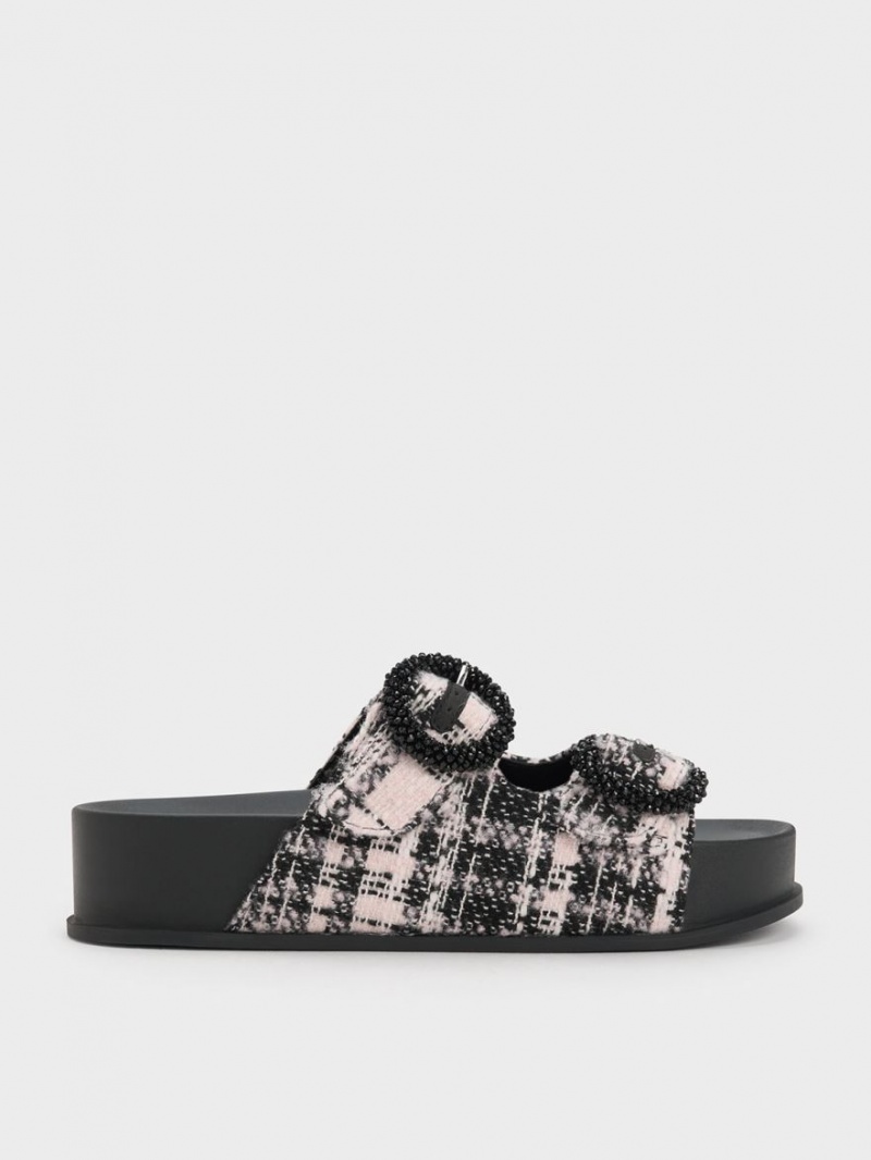 Charles And Keith Tweed Beaded Circle Slide Sandals Black | PHILIPPINES X950