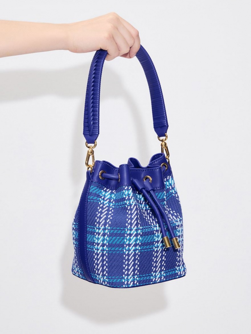 Charles And Keith Tweed Braided-Handle Drawstring Bucket Bags Blue | PHILIPPINES N249