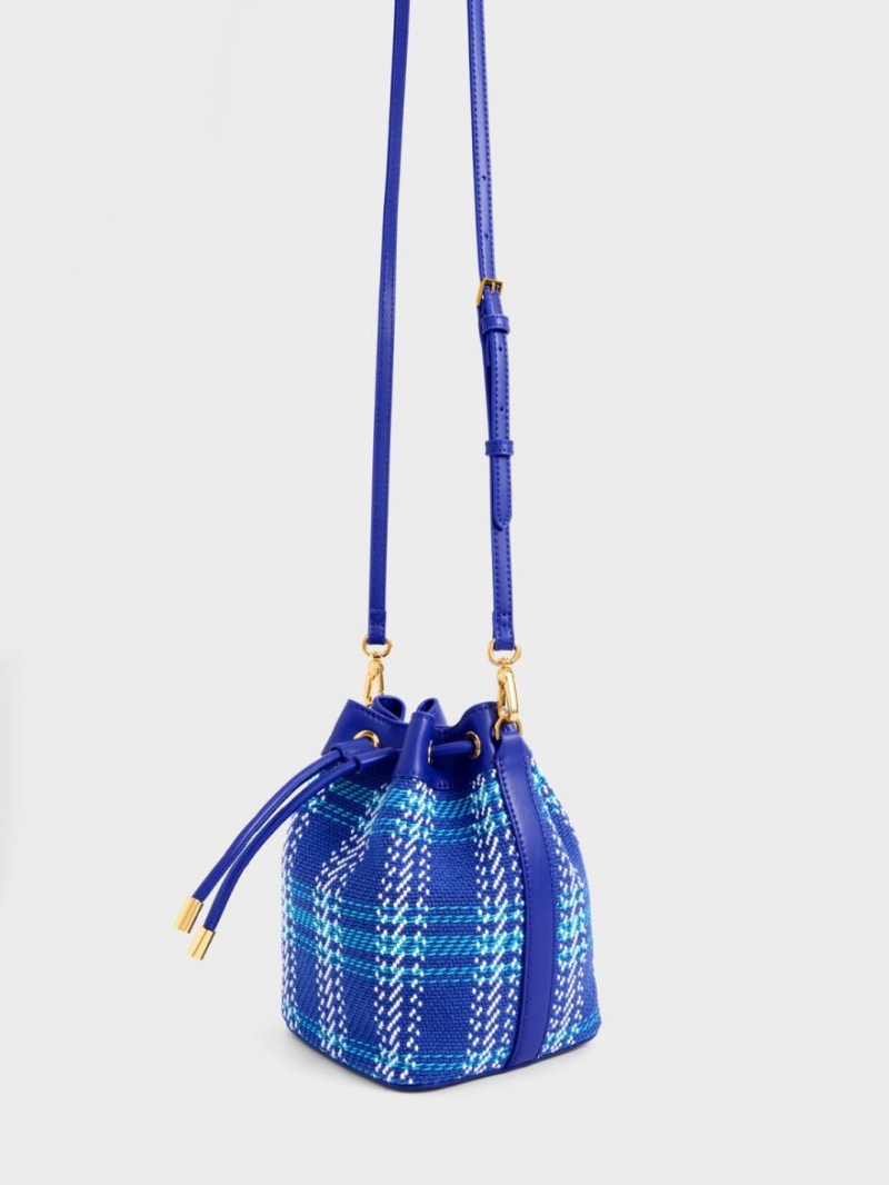 Charles And Keith Tweed Braided-Handle Drawstring Bucket Bags Blue | PHILIPPINES N249