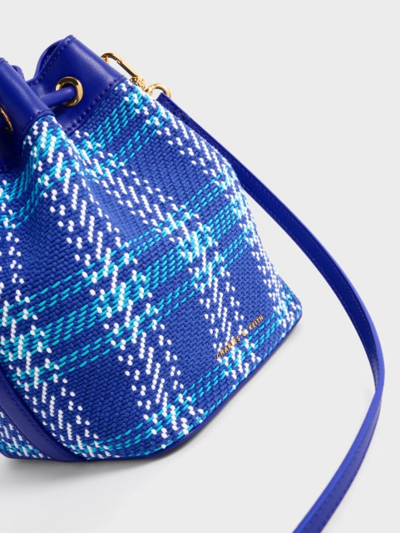 Charles And Keith Tweed Braided-Handle Drawstring Bucket Bags Blue | PHILIPPINES N249