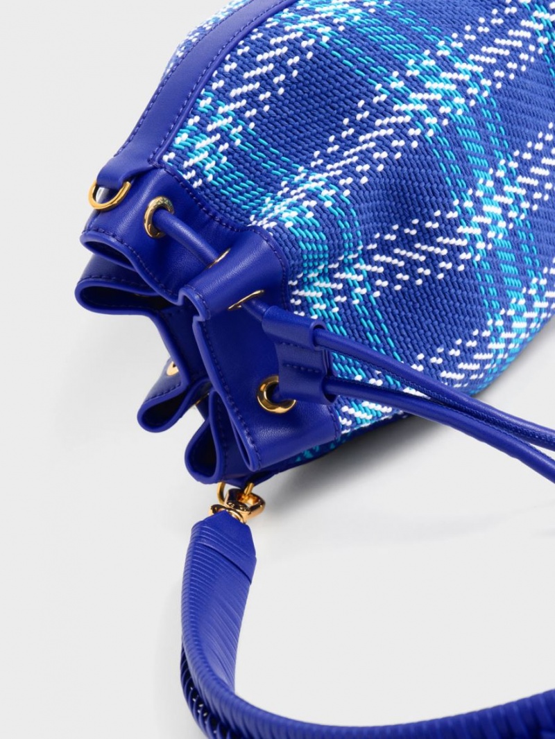 Charles And Keith Tweed Braided-Handle Drawstring Bucket Bags Blue | PHILIPPINES N249