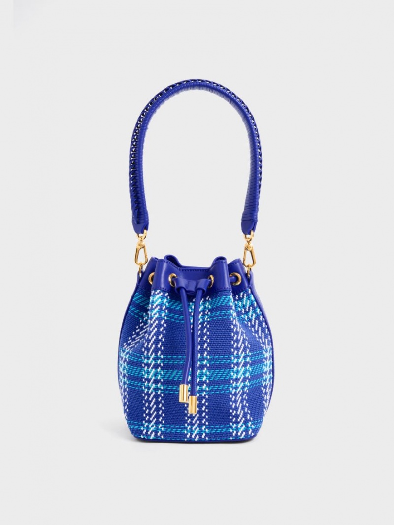 Charles And Keith Tweed Braided-Handle Drawstring Bucket Bags Blue | PHILIPPINES N249