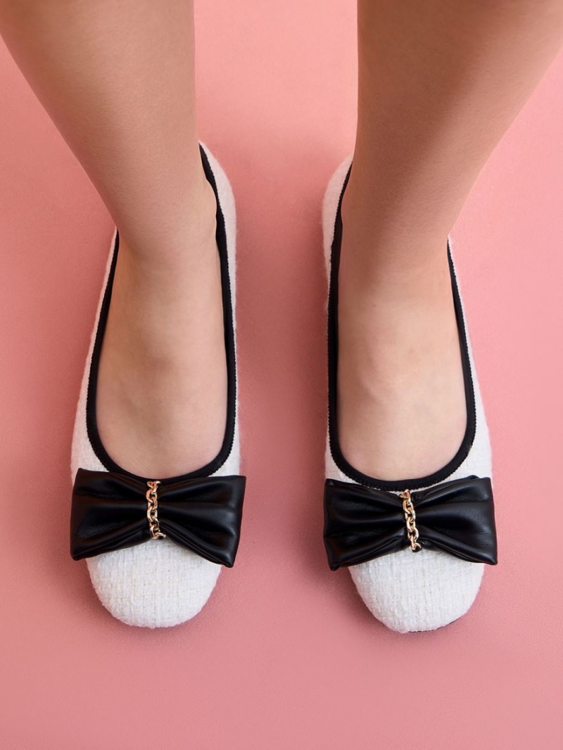 Charles And Keith Tweed Chain-Link Bow Ballet Flats White | PHILIPPINES E597