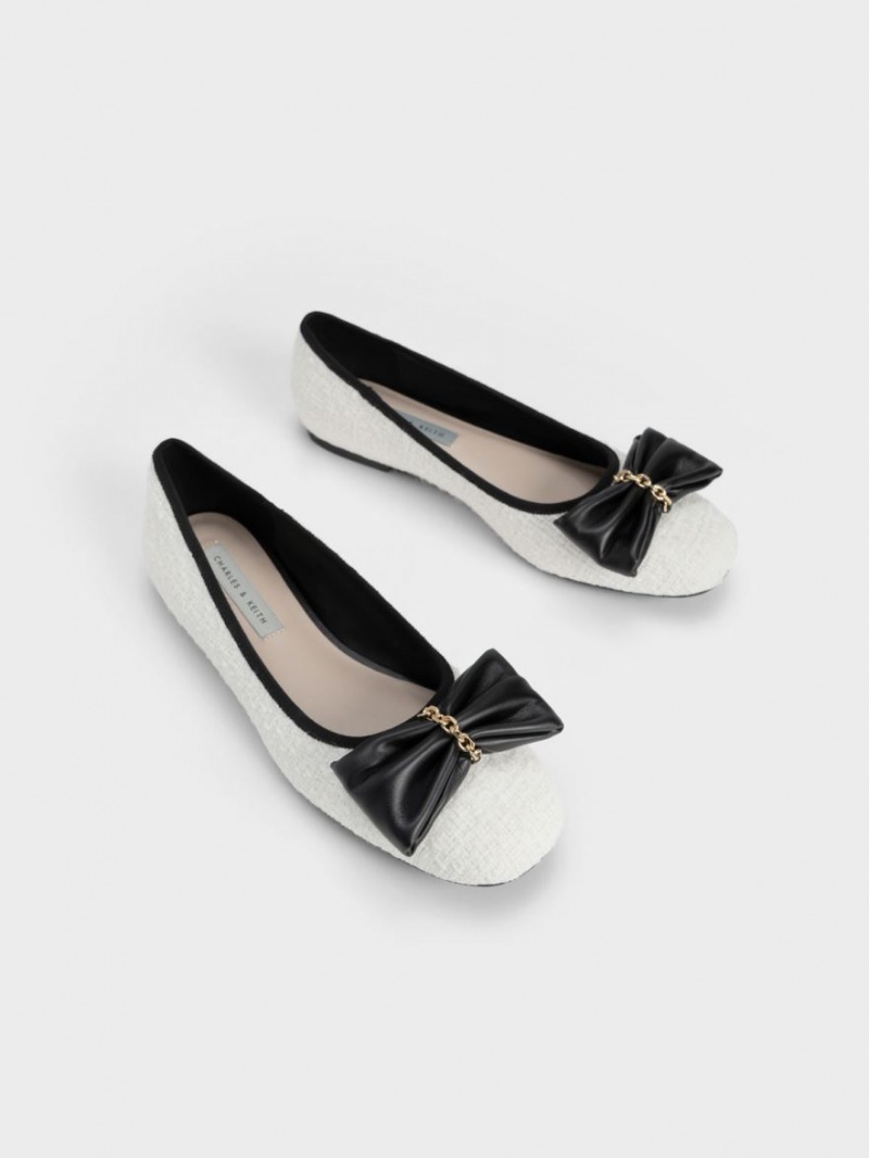 Charles And Keith Tweed Chain-Link Bow Ballet Flats White | PHILIPPINES E597