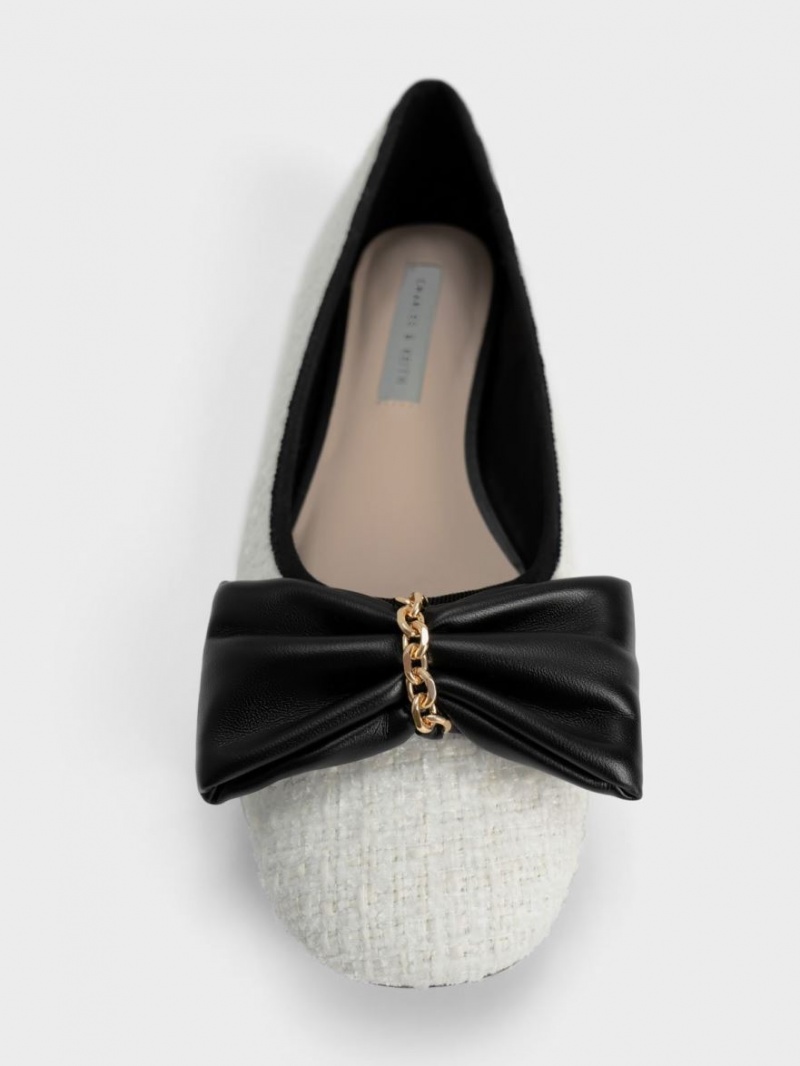 Charles And Keith Tweed Chain-Link Bow Ballet Flats White | PHILIPPINES E597