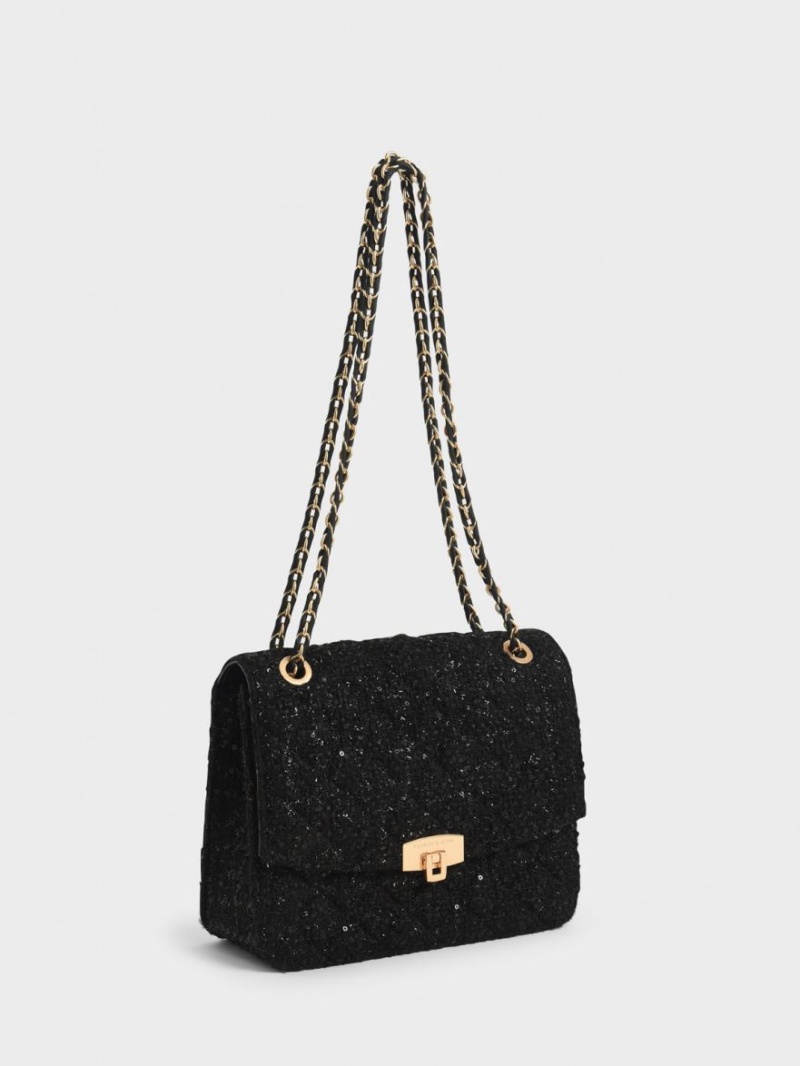 Charles And Keith Tweed Chain Strap Shoulder Bags Black | PHILIPPINES B743