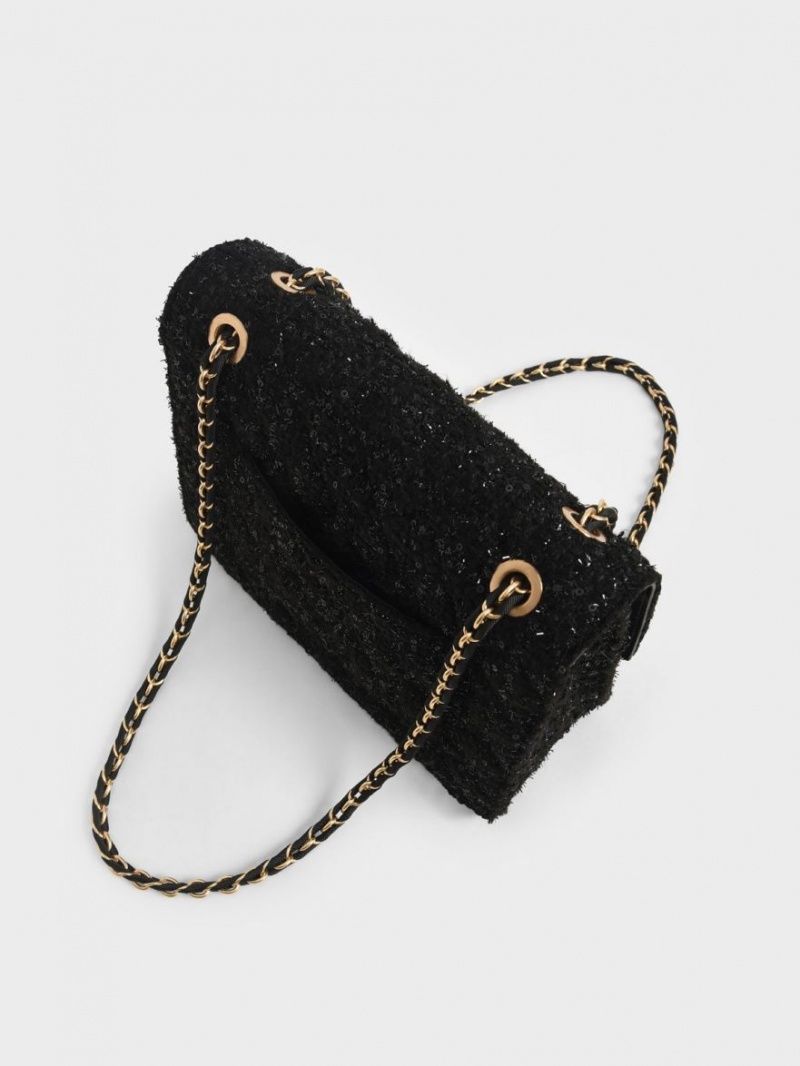 Charles And Keith Tweed Chain Strap Shoulder Bags Black | PHILIPPINES B743