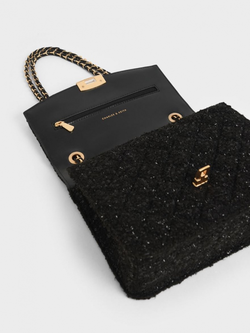 Charles And Keith Tweed Chain Strap Shoulder Bags Black | PHILIPPINES B743