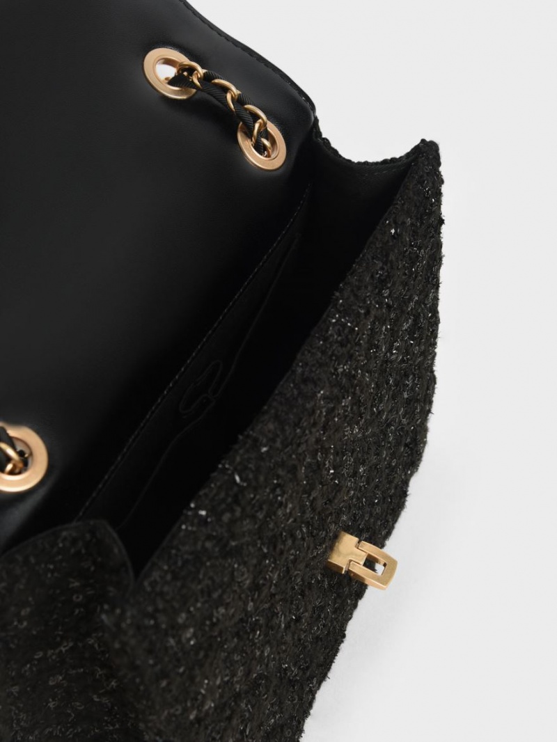 Charles And Keith Tweed Chain Strap Shoulder Bags Black | PHILIPPINES B743