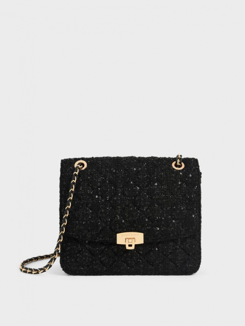 Charles And Keith Tweed Chain Strap Shoulder Bags Black | PHILIPPINES B743