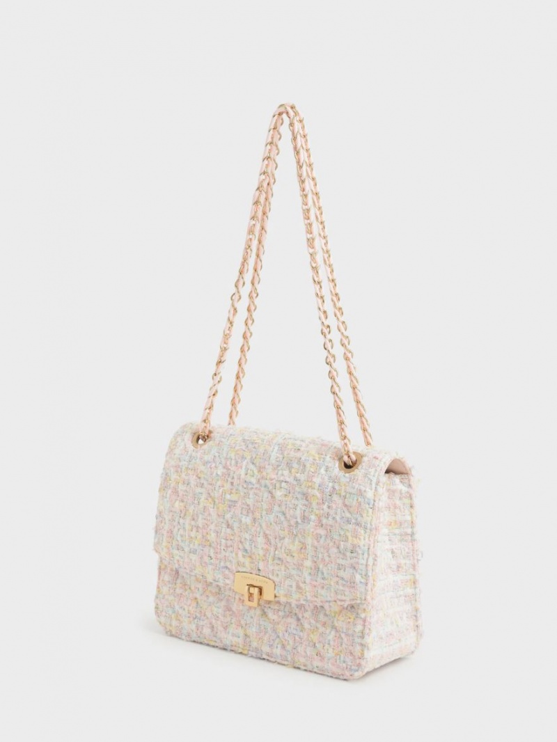 Charles And Keith Tweed Chain Strap Shoulder Bags Pink | PHILIPPINES X309