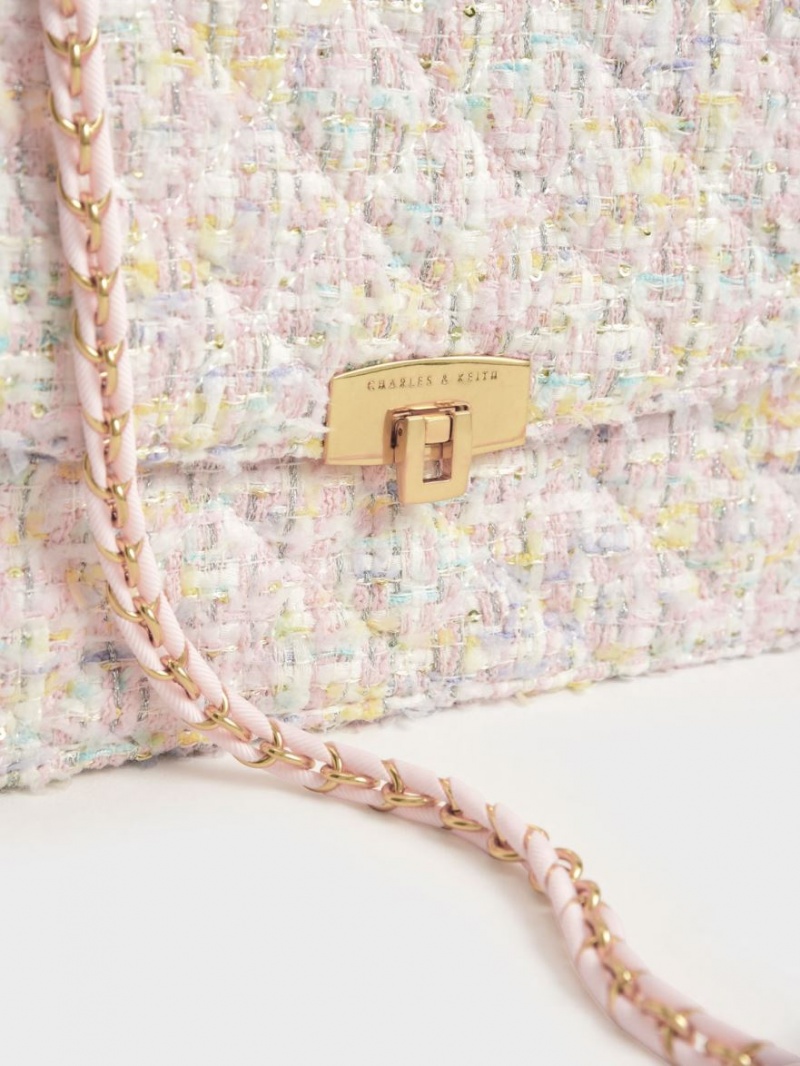 Charles And Keith Tweed Chain Strap Shoulder Bags Pink | PHILIPPINES X309