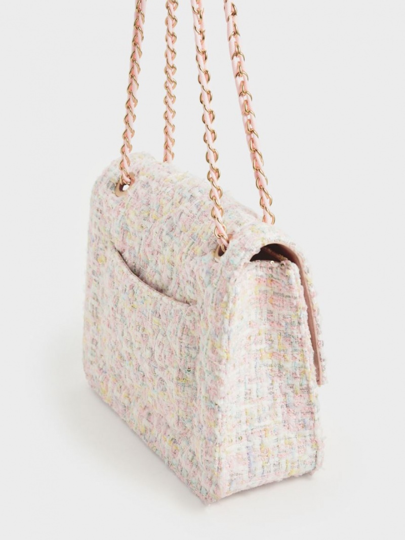 Charles And Keith Tweed Chain Strap Shoulder Bags Pink | PHILIPPINES X309