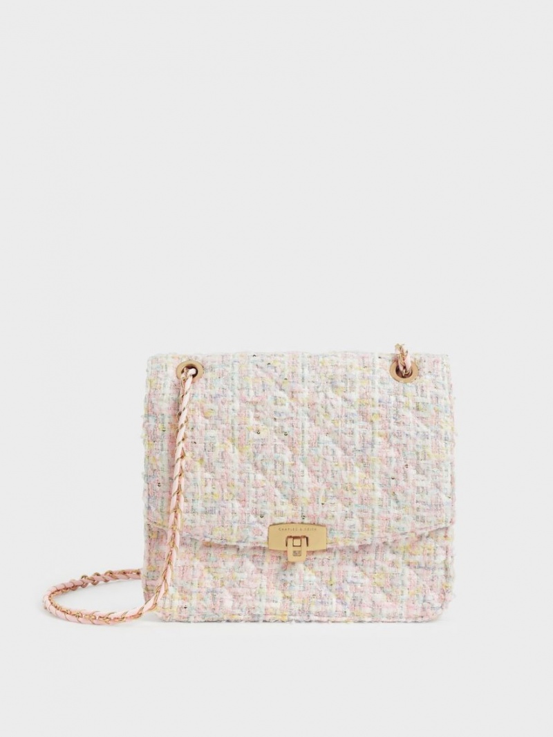 Charles And Keith Tweed Chain Strap Shoulder Bags Pink | PHILIPPINES X309