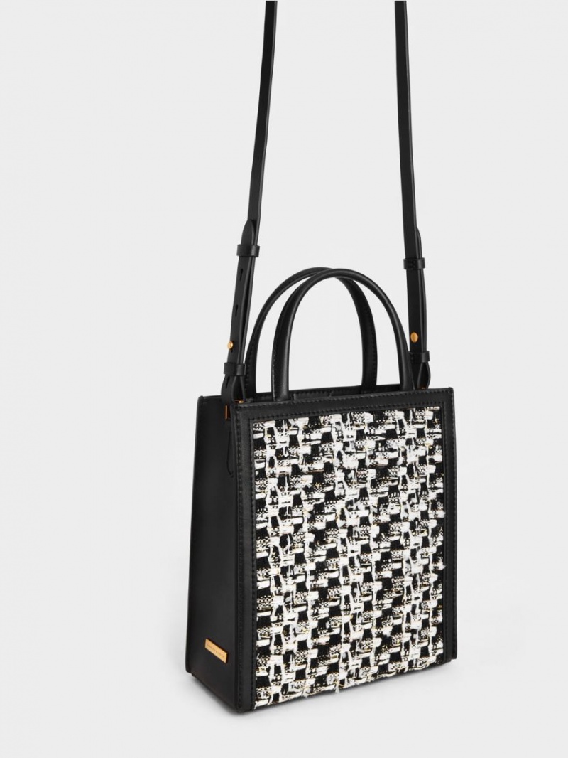 Charles And Keith Tweed Double Handle Tote Bags Black | PHILIPPINES C726