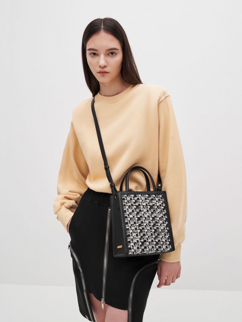 Charles And Keith Tweed Double Handle Tote Bags Black | PHILIPPINES C726