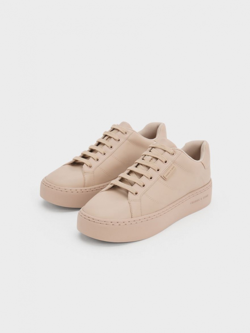 Charles And Keith Tweed Lace-Up Sneakers Beige | PHILIPPINES N781