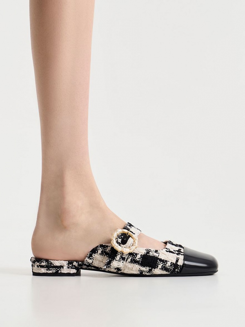 Charles And Keith Tweed Pearl Buckle Mary Jane Mules Black | PHILIPPINES S926