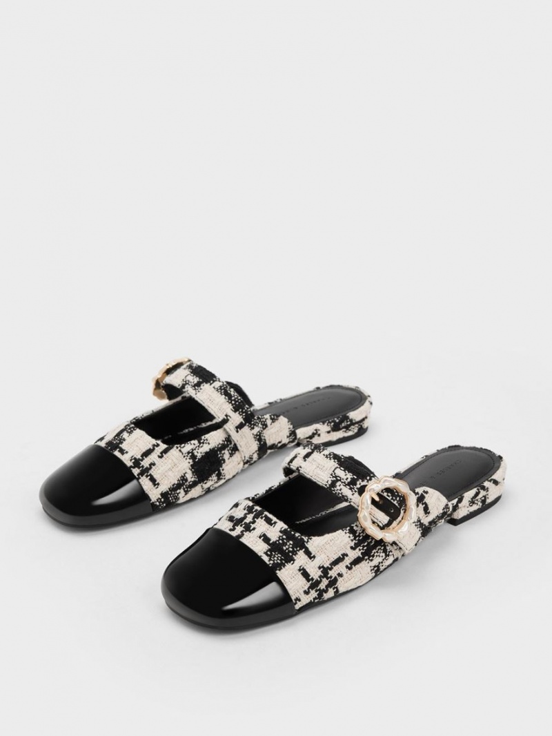 Charles And Keith Tweed Pearl Buckle Mary Jane Mules Black | PHILIPPINES S926