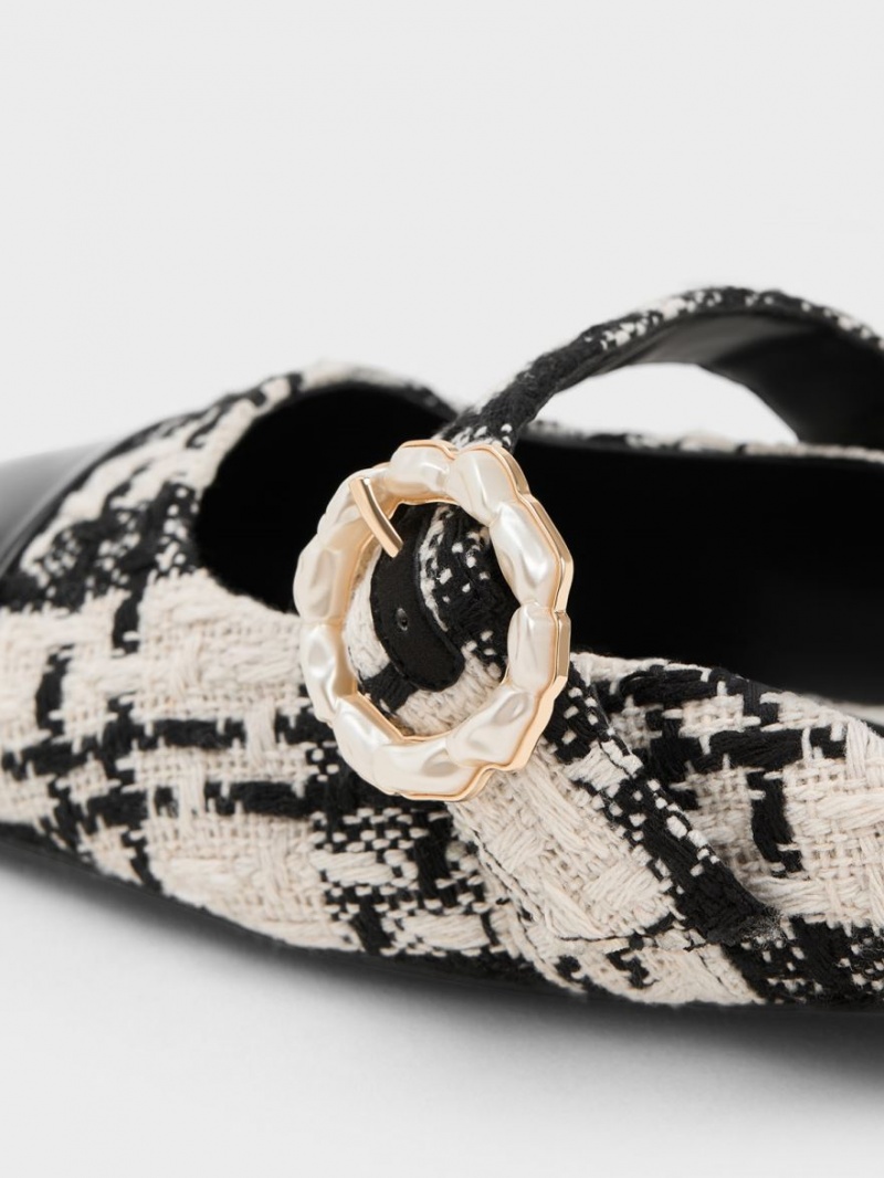 Charles And Keith Tweed Pearl Buckle Mary Jane Mules Black | PHILIPPINES S926