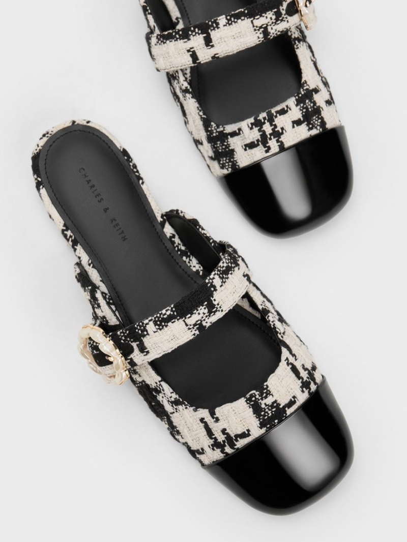 Charles And Keith Tweed Pearl Buckle Mary Jane Mules Black | PHILIPPINES S926