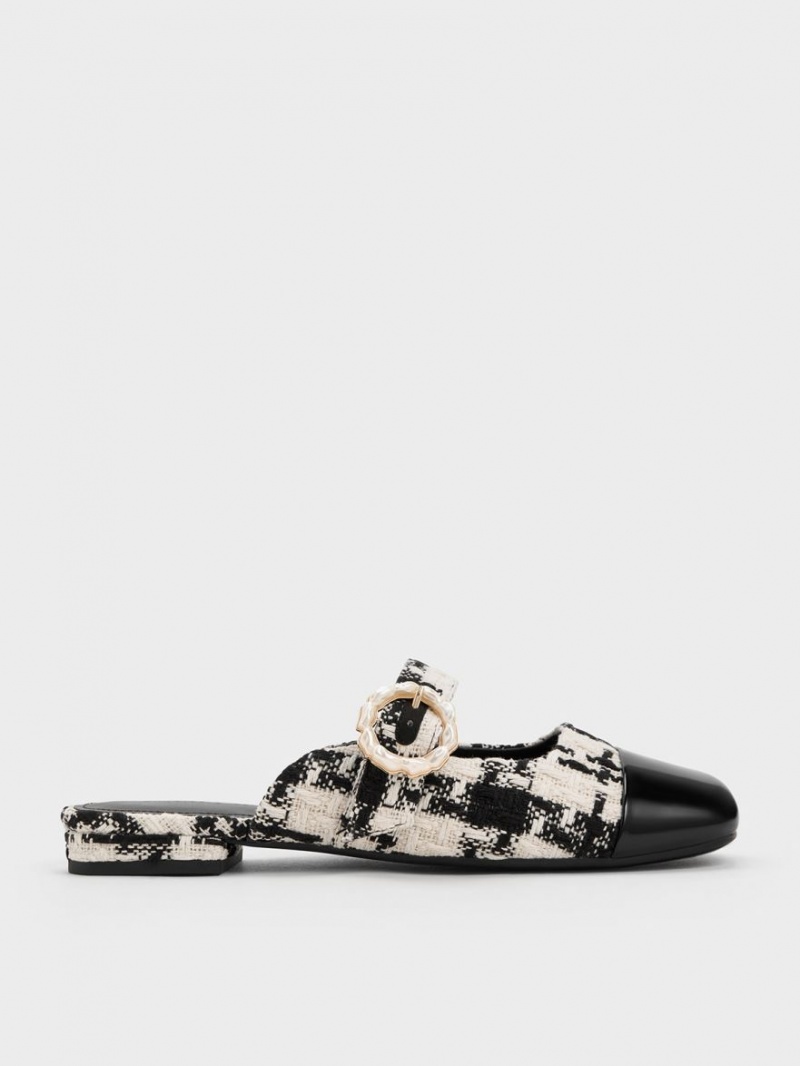 Charles And Keith Tweed Pearl Buckle Mary Jane Mules Black | PHILIPPINES S926