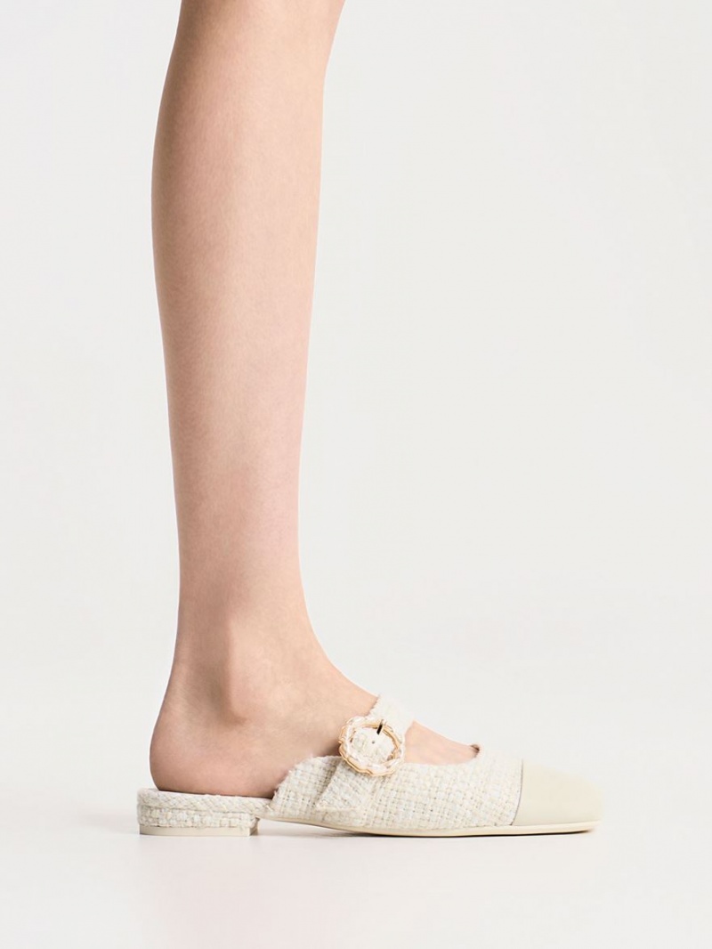 Charles And Keith Tweed Pearl Buckle Mary Jane Mules White | PHILIPPINES D321