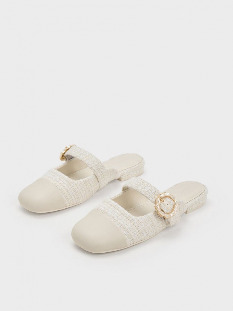 Charles And Keith Tweed Pearl Buckle Mary Jane Mules White | PHILIPPINES D321