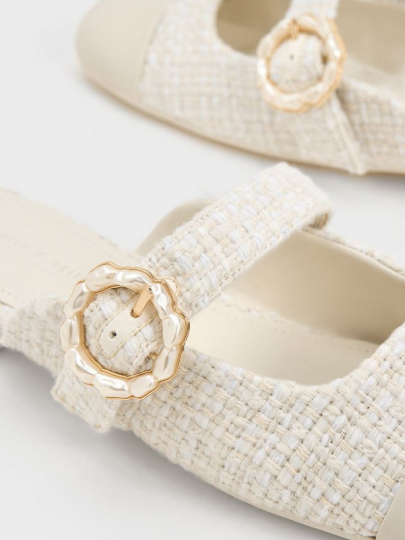 Charles And Keith Tweed Pearl Buckle Mary Jane Mules White | PHILIPPINES D321