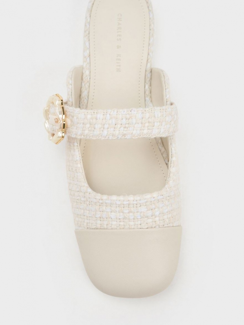 Charles And Keith Tweed Pearl Buckle Mary Jane Mules White | PHILIPPINES D321