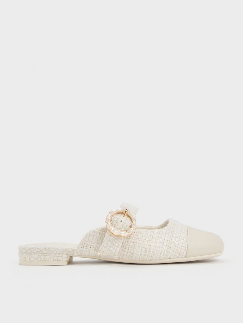 Charles And Keith Tweed Pearl Buckle Mary Jane Mules White | PHILIPPINES D321