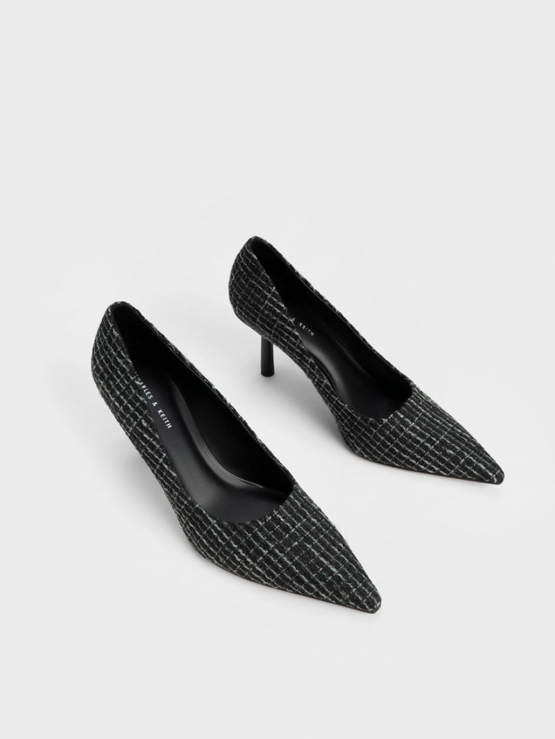 Charles And Keith Tweed Pointed-Toe Cylindrical Heel Pumps Black | PHILIPPINES M930