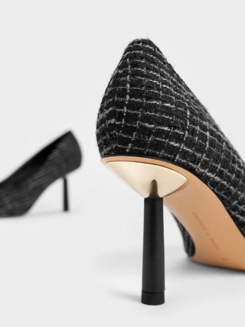 Charles And Keith Tweed Pointed-Toe Cylindrical Heel Pumps Black | PHILIPPINES M930