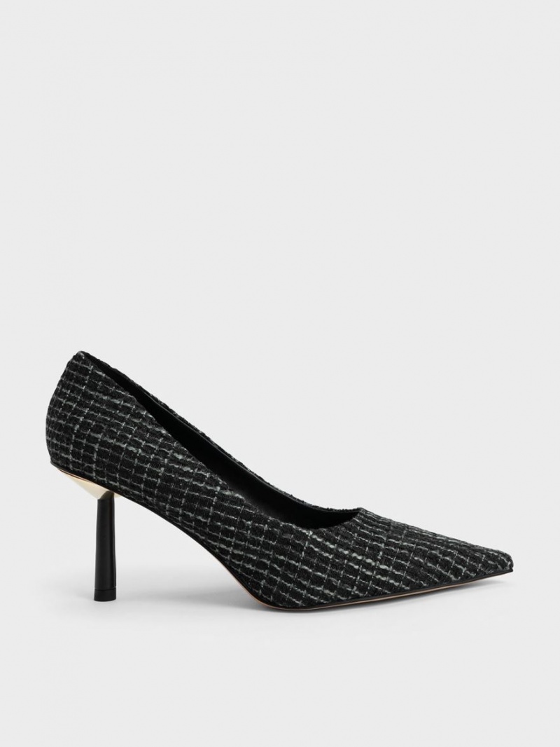 Charles And Keith Tweed Pointed-Toe Cylindrical Heel Pumps Black | PHILIPPINES M930