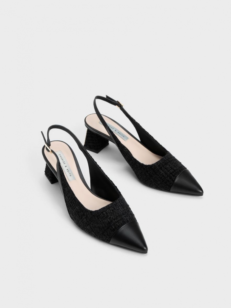 Charles And Keith Tweed Toe Cap Slingback Pumps Black | PHILIPPINES P340